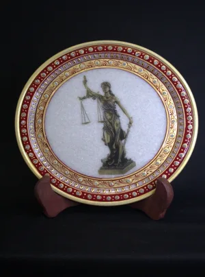 Lady of Justice Dark Brown Border Round Marble Plate with Stand