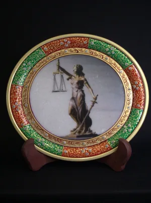 Lady of Justice Green and Red Border Round Marble Plate with Stand
