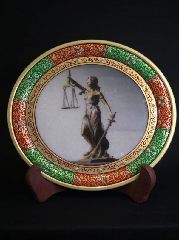 Lady of Justice Green and Red Border Round Marble Plate with Stand