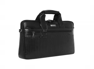 Black Ribbed Leather Briefcase — Structured Business Laptop Bag