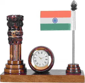 Wooden Desk Showpiece with Ashoka Pillar, Clock & Indian Flag