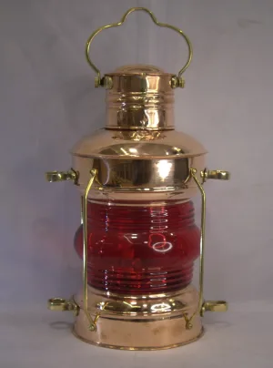 Antique copper and brass ship’s lantern with red glass lens and Leeds & Burton Southampton