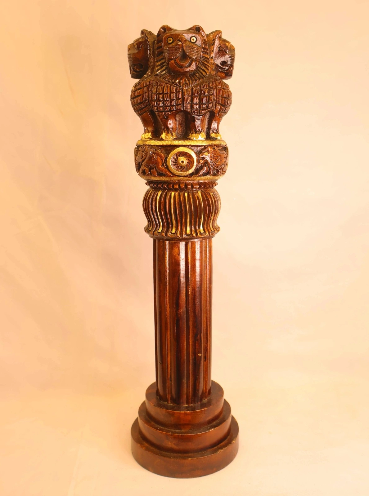 Ashok Stambh Brown Handcrafted Wooden Statue with Gold Accents Ashok Stambh Brown Handcrafted Wooden Statue with Gold Accents