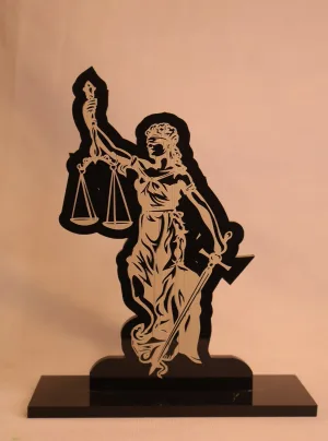Black acrylic Lady Justice desktop statue — blindfolded justice holding scales and sword