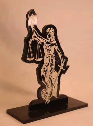 Black acrylic Lady Justice desktop statue — blindfolded justice holding scales and sword
