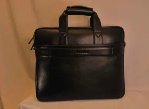Black Ribbed Leather Briefcase — Structured Business Laptop Bag