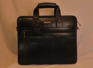 Black Ribbed Leather Briefcase — Structured Business Laptop Bag