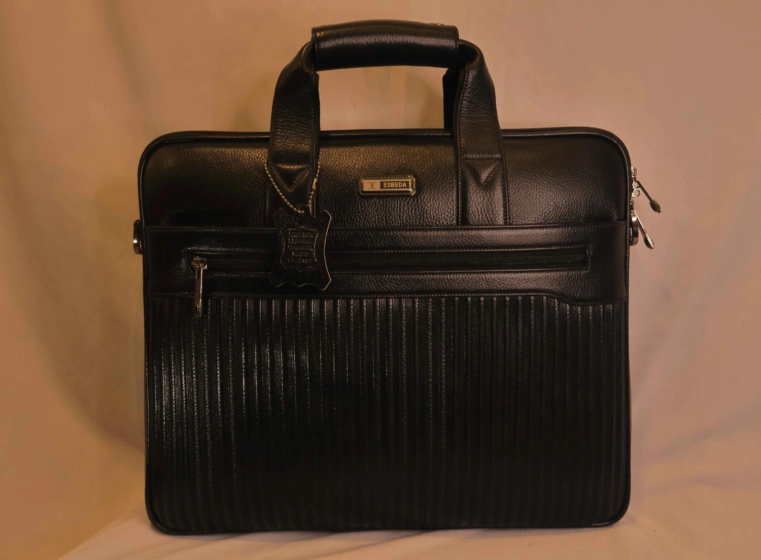 Black Ribbed Leather Briefcase — Structured Business Laptop Bag Black Ribbed Leather Briefcase — Structured Business Laptop Bag