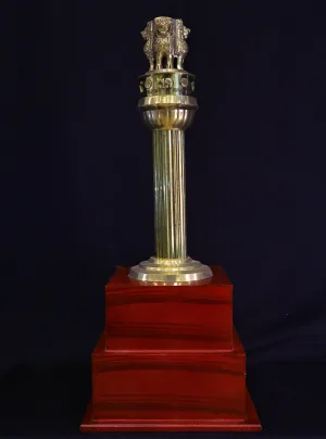 Brass Ashok Stambh on Red Wooden Plinth