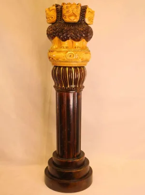 Brown Gold Ashok Stambh-Handcrafted Wooden Statue