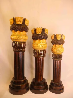 Brown Gold Ashok Stambh-Handcrafted Wooden Statue