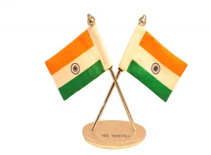 Crossed Indian Flags Desk & Car Set — Twin Table Flags with “Vande Mataram” Base