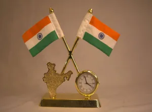 Crossed Indian Flags Desk Display — Map of India & Clock