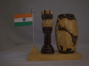 Dark-Brown Wooden Desk Showpiece with Ashoka Pillar & Indian Flag