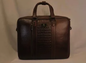 Executive Brown Leather Briefcase — Textured Croc Center Panel