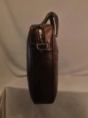 Executive Brown Leather Briefcase — Textured Croc Center Panel