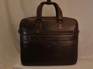 Executive Brown Leather Briefcase — Textured Croc Center Panel