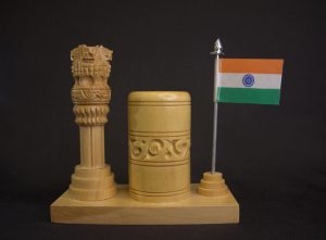 Handcrafted Wooden Ashok Stambh Pen Stand with Indian Flag