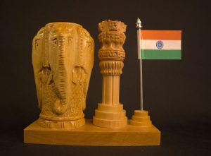Handcrafted Wooden Desk Showpiece — Elephant Carving, Ashoka Stambh & Indian Flag