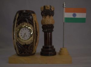 Handcrafted Wooden Desk Showpiece with Ashoka Stambh, Penstand, Clock & Indian Flag