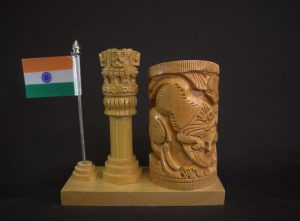 Handcrafted Wooden Desk Showpiece with Ashoka Stambh, Penstand with Flag