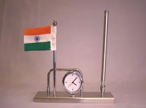 Indian Flag Desk Clock & Pen Stand — Silver Table Clock