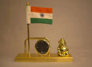 Indian Flag Desk Clock with Ganpati — Gold Table Clock
