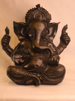 Dark bronze/black seated Ganpati (Ganesha) statue with ornate crown