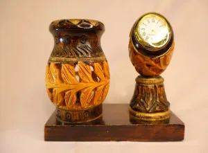 Vintage Wooden Pen Stand with Clock