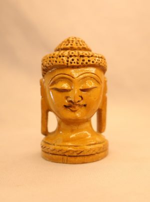 Hand-carved wooden Buddha mini statue with serene expression and polished finish