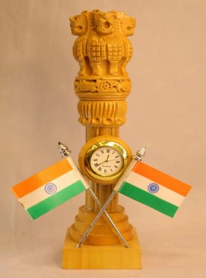 Wooden Ashok Stambh Desk Clock — Crossed Indian Flags