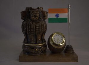 Wooden Desk Showpiece with Ashoka Stambh, Indian Flag & Quartz Clock — Patriotic Office Gift