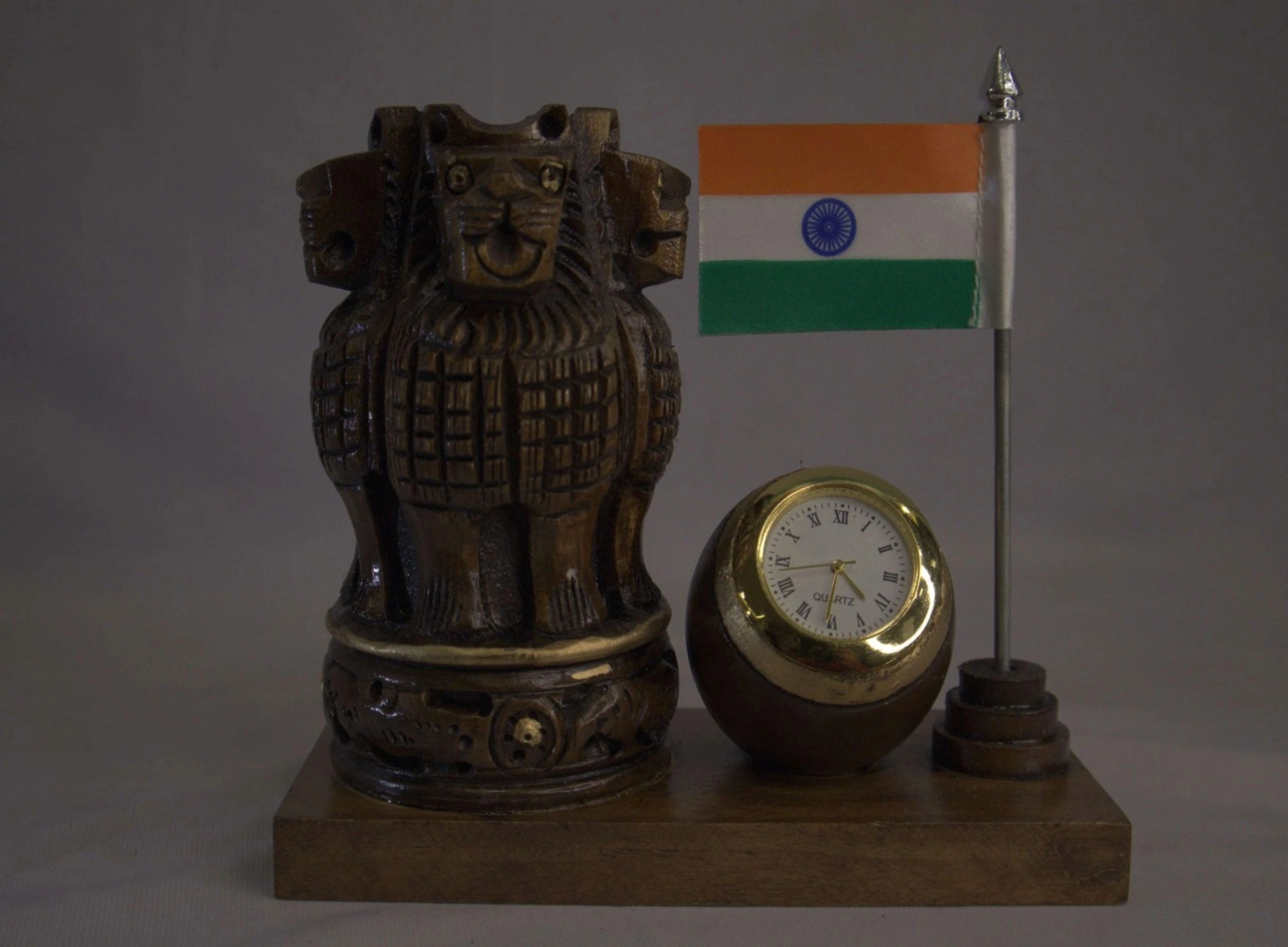 Wooden Desk Showpiece with Ashoka Stambh, Indian Flag & Quartz Clock — Patriotic Office Gift Wooden Desk Showpiece with Ashoka Stambh, Indian Flag & Quartz Clock — Patriotic Office Gift