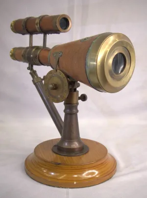Antique-Style Double Barrel Brass Telescope on Wooden Base — Leather-Wrapped Barrels