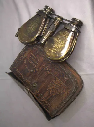 Antique Folding Brass Monocular with Leather Case — Engraved Opera Glass