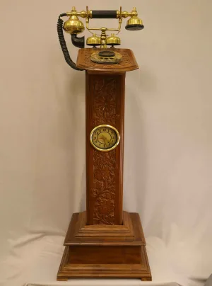Antique Pedestal Telephone with Clock — Carved Wooden Stand