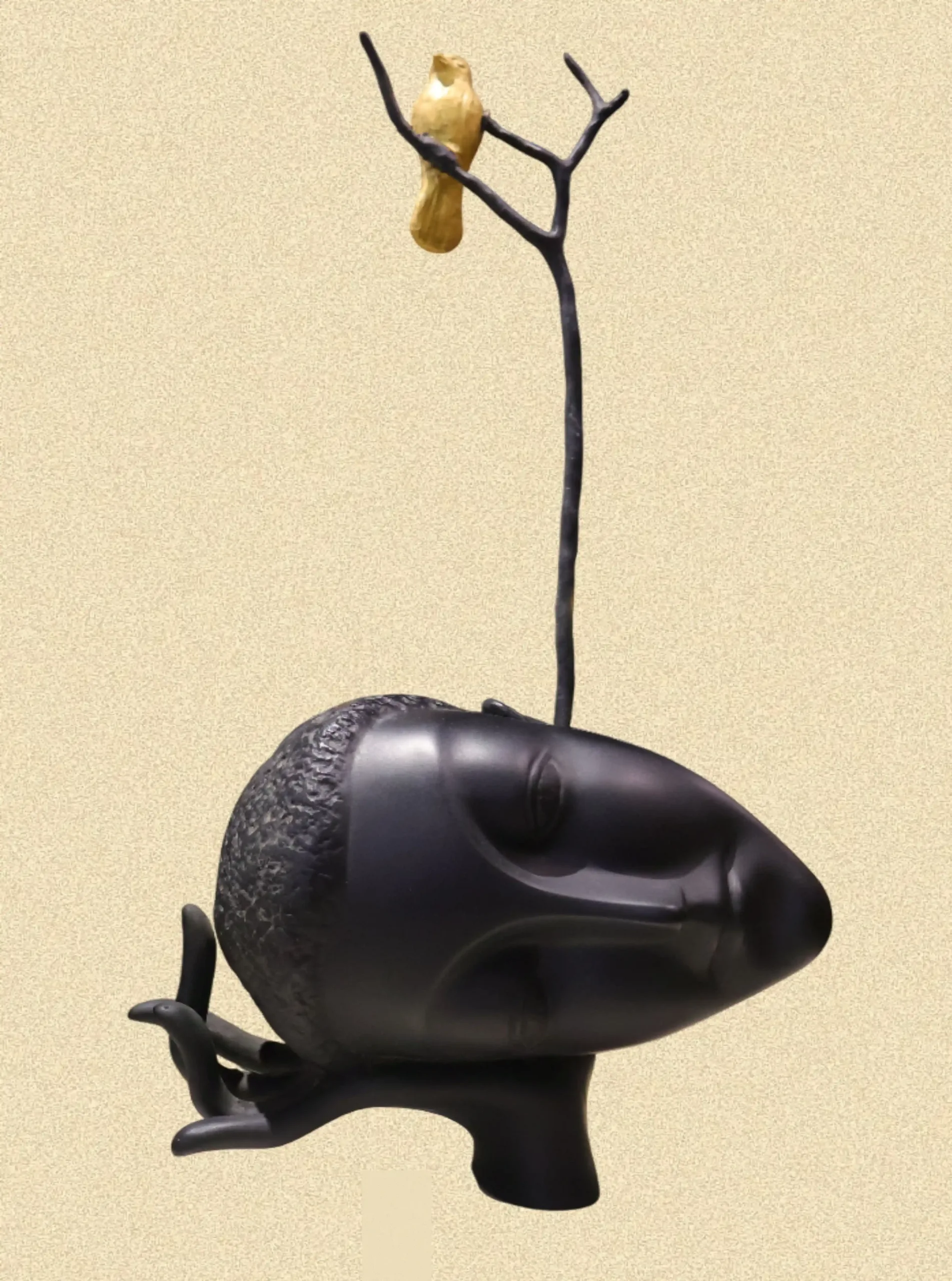 Black Head Sculpture with Gold Bird — Contemporary Table Art