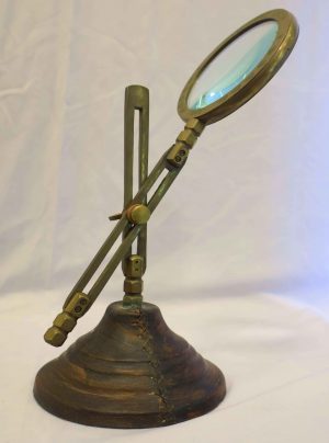 Brass Adjustable Magnifier — Vintage Desk Loupe on Wooden Base