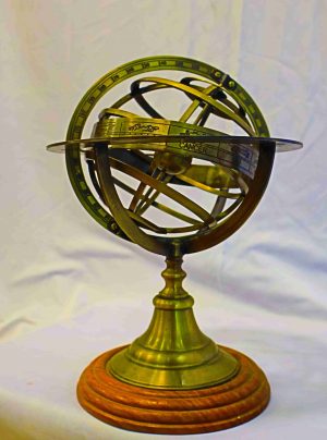 Brass Armillary Sphere — Vintage Zodiac Globe on Wooden Base