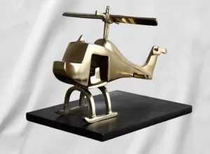 Brass Helicopter Sculpture — Polished Miniature Aircraft Desk Decor