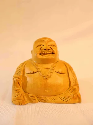 Hand-Carved Wooden Laughing Buddha Statue