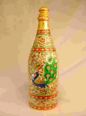 Hand-Painted Marble Peacock Bottle — Kundan-Embellished Decorative Vase