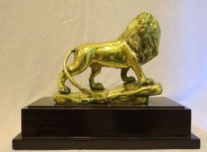 Polished Brass Lion Statue — Regal Decorative Sculpture on Plinth