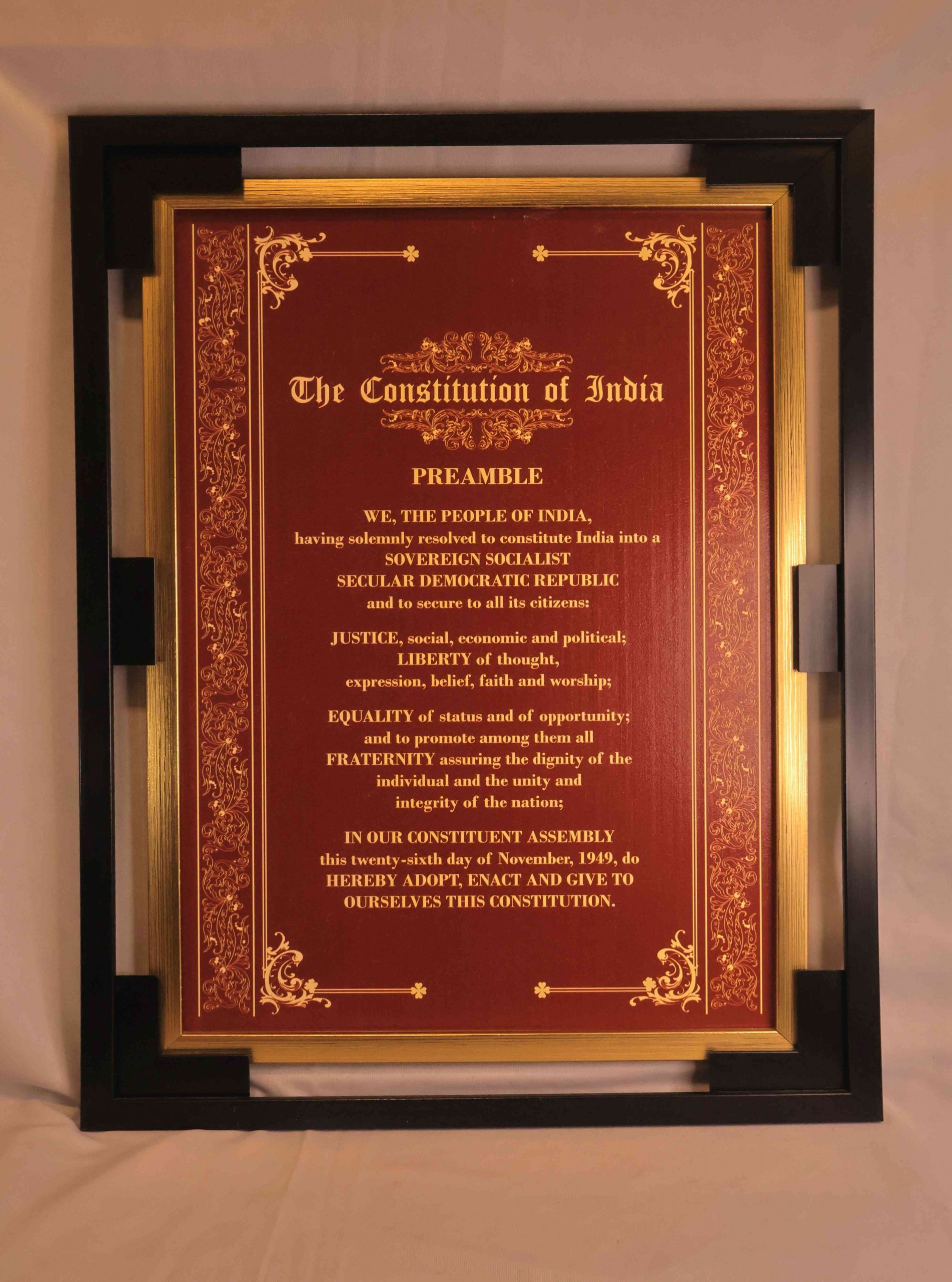 Preamble to the Constitution of India (Red Shadowbox frame)