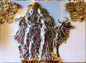 Radha Krishna Silver & Gold Leafing Plaque — Marble Devotional Wall Art