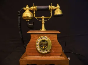 Vintage Wooden Box Telephone — Brass Rotary-Style Desk Phone