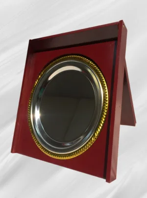 Round Metal Plate Award Plaque on Wooden Easel
