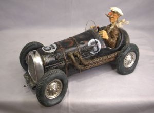 Vintage Race Car Model with Caricature Driver — Retro Desk Decor