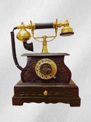 Vintage Rotary Telephone — Brass Handset & Carved Wooden Base