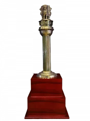 Brass Ashok Stambh — Golden Statue on Red Wooden Plinth
